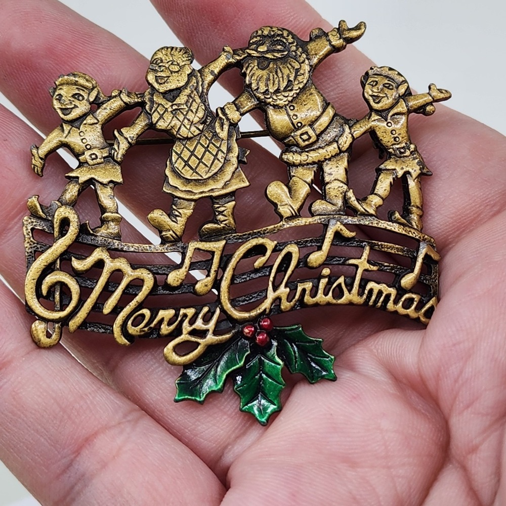 JJ Signed Merry Christmas Brooch Santa Elves Holly Music Notes Vintage Holiday